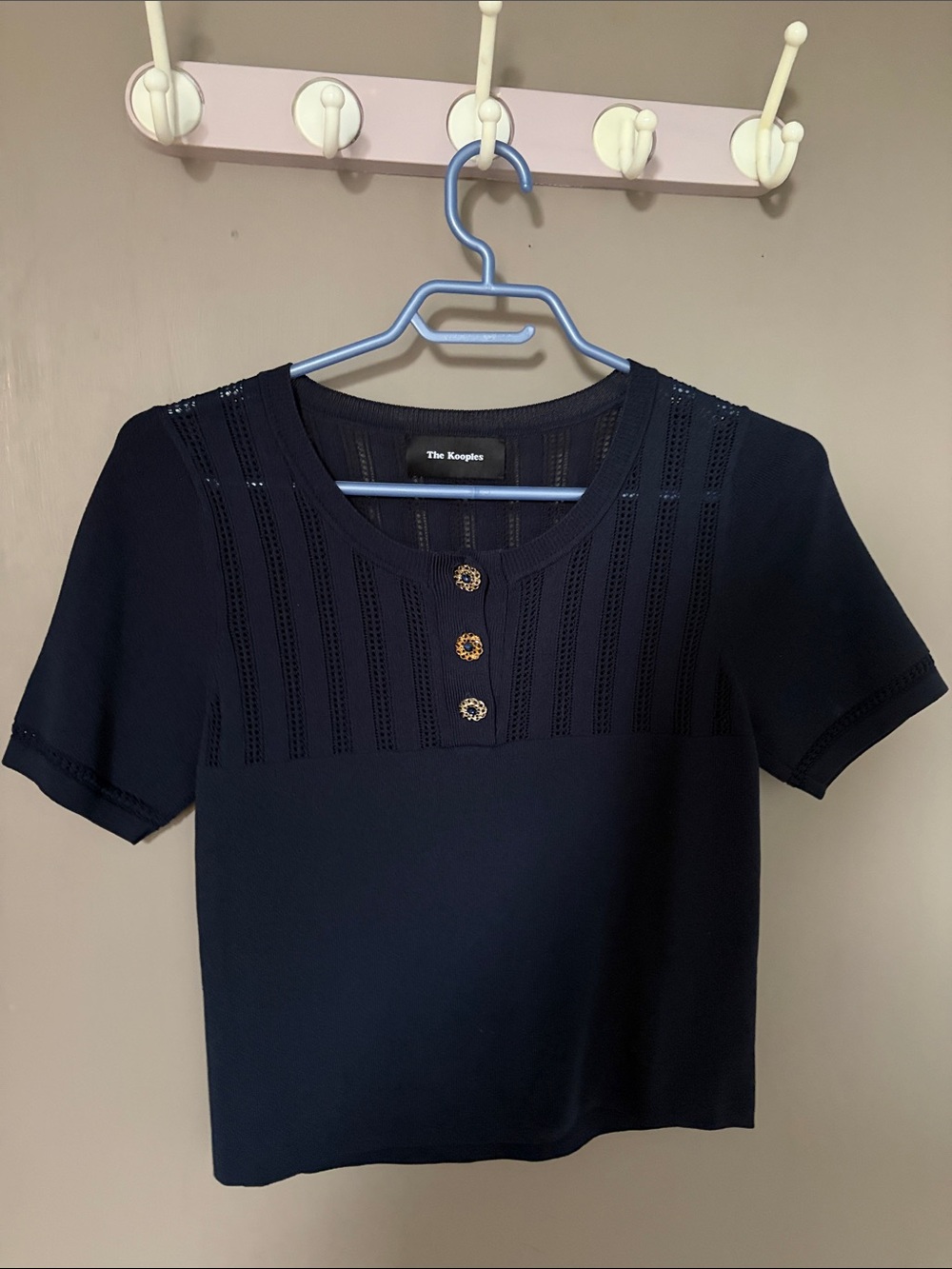 The Kooples Navy Short Sleeve Knit Top with Decorative Buttons